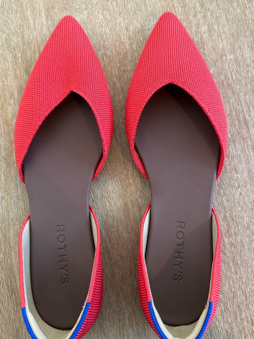 Rothy's Women's Bright Red Pointed D'Orsay Flats with Blue Accent